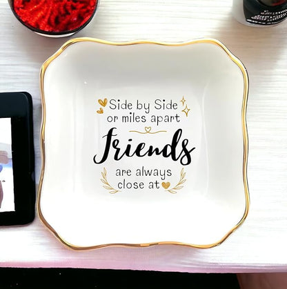 HatafaFurni gift for Friend - Side by Side or Miles Apart Friends Are Always Close at Heart - Birthday, Christmas, Wedding Gifts - Jewelry Dish, Ceramic Ring Dish, Trinket tray, Ring tray