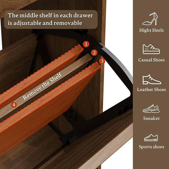 Shoe Storage Cabinet for Entryway, Farmhouse Narrow Shoe Cabinet with 2 Flip Drawers & Top Drawers, Adjustable Shelves & Hooks, Freestanding Hidden Rack Organizer for Hallway, Foyer