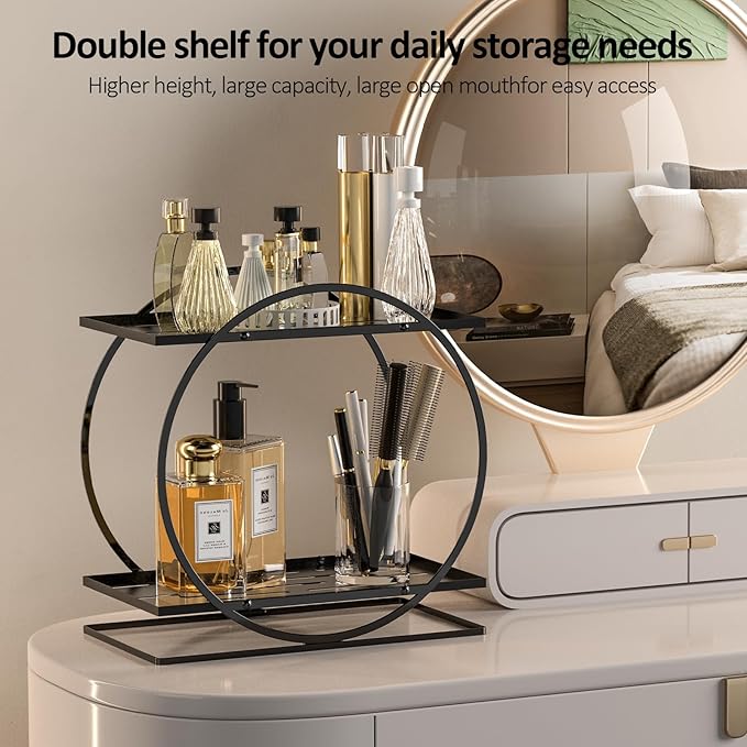World-in-one 2 Tier Perfume Organizer for Dresser, Black Gold Perfume Makeup Perfume Stand Organizer for Vanity, Cosmetics Ideal Gift for Perfume Lovers-Black