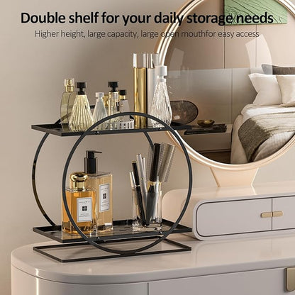 World-in-one 2 Tier Perfume Organizer for Dresser, Black Gold Perfume Makeup Perfume Stand Organizer for Vanity, Cosmetics Ideal Gift for Perfume Lovers-Black