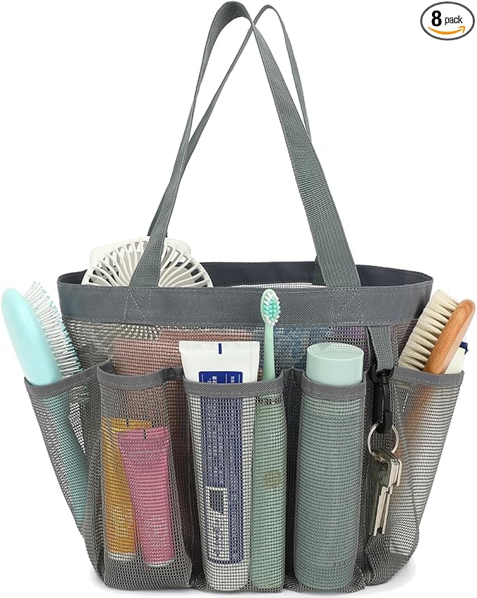 Fammart Mesh Shower Caddy Portable for College Dorm Room Essentials, 8-Pocket Large Shower Basket Tote Bag with 2 Handles for Toiletry, Bathroom, Beach, Camp, Gym