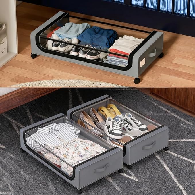 JALUNIVERSAL TRI Under Bed Storage with Wheels, 6.7'' Tall Underbed Storage Containers with Lids - Rolling Bins for Shoes Clothes Blankets (Grey, 2-Pack XXL)