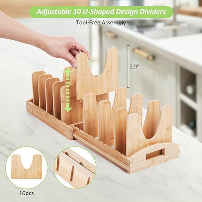 Kirosy Pots and Pans Organizer under Cabinet, Pot Lid Organizer Bamboo Expandable with 10 Adjustable Dividers, Pan Holder Kitchen Storage Rack for Cutting Board, Baking Tray and Cookie Sheet