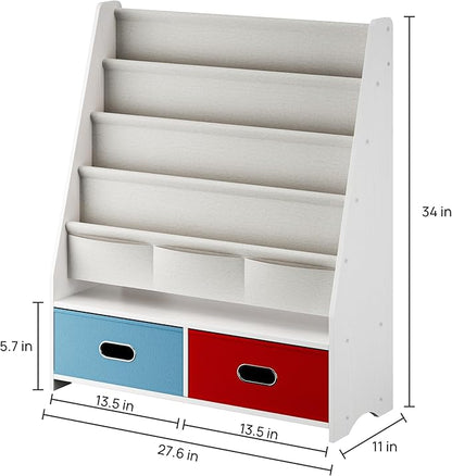 SEIRIONE Sturdy Kids Bookshelf, Children Display Rack, 4 Sling and 2 Storage Boxes for Toys Organizer, White/Wood Texture
