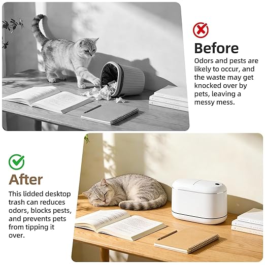 Mini Trash Can for Desk with 5 Rolls of Trash Bags, Small Press-Top Countertop Garbage Bin, Removable Waste Basket for Bedroom, Vanity, Coffee Table, Kitchen (White Half-Lid)