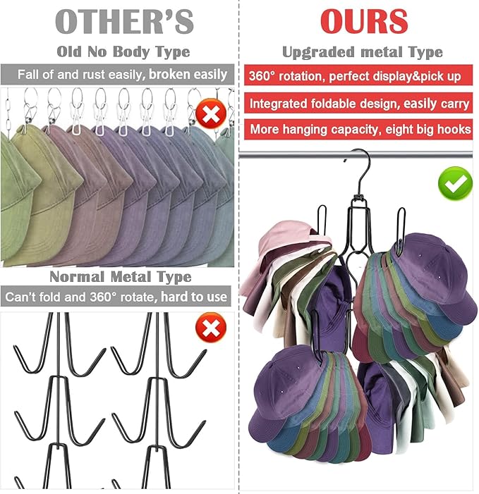 NAKBINX 2 Pack Hat Hanger for Closet, Collapsible Metal Hat Organizer for Baseball Caps, Racks with 4 Big Hooks, 360° Rotation Space Saving Hangers, Better Organizer&Display for Tie, Scarves, Black