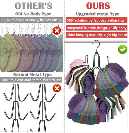 NAKBINX 2 Pack Hat Hanger for Closet, Collapsible Metal Hat Organizer for Baseball Caps, Racks with 4 Big Hooks, 360° Rotation Space Saving Hangers, Better Organizer&Display for Tie, Scarves, Black