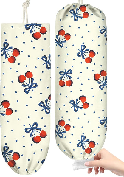 Plastic Bag Holder, Grocery Bag Organizer - 1 Pack Cute Kitchen Dispenser Holders Reusable Shopping Western Hanging Wall with Adjustment Drawstring Closure for Women Home, Cherry