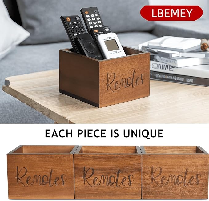 Acacia Wood Remote Control Holder Caddy, TV Organizer for Table, Vintage Farmhouse Desk Caddy (Brown for 3+ Controls)