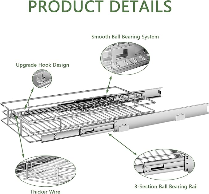 Pull Out Cabinet Organizer 12½" W x 21½" D, Heavy Duty Cabinet Pull Out Shelves, Slide Out Drawers Organization for Kitchen Cabinets Bathroom