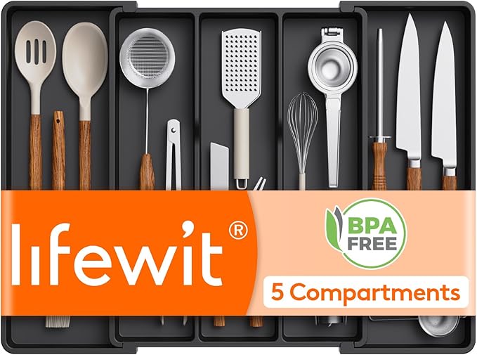 Lifewit Utensil Organizer for Kitchen Drawers, Expandable Cooking Utensil Tray, Adjustable Cutlery Silverware Flatware Holder, Plastic Spatula Tools and Gadgets Storage Divider, Black, 16"-28" x 18.5"