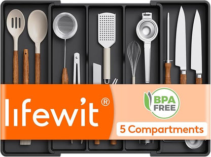 Lifewit Utensil Organizer for Kitchen Drawers, Expandable Cooking Utensil Tray, Adjustable Cutlery Silverware Flatware Holder, Plastic Spatula Tools and Gadgets Storage Divider, Black, 16"-28" x 18.5"