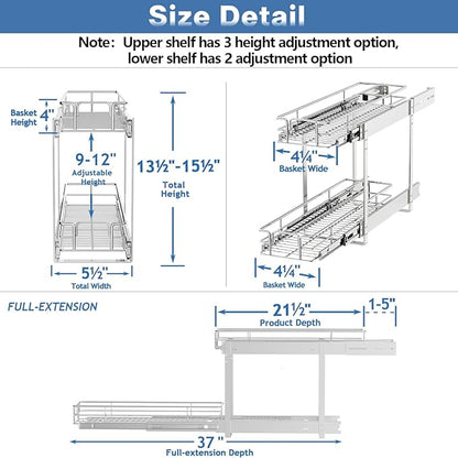 LOVMOR 2 Tier 5½" W x 21½" D, Individual Pull Organizer Kitchen Cabinet Storage Sliding Shelves