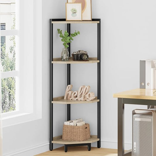 Corner Shelf Stand, Corner Bookshelf, Storage Standing Shelf Unit with Metal Frame, Plant Stand, Corner Bookcase for Living Room, Home Office, Bedroom, 4-Tier Greige CS05805B