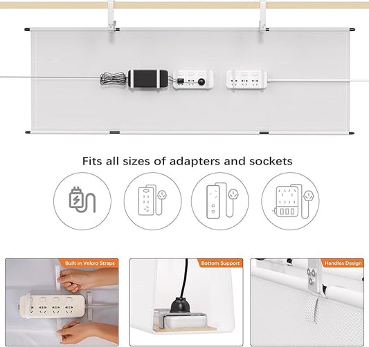Under Desk Cable Management Tray - 48" Cord Organizer for Desk No Drill, Fabric Under Table Wire Organizer with 16X Cable Ties Hide for Office/Home, Cord Hider Fits Adapters & Sockets, White