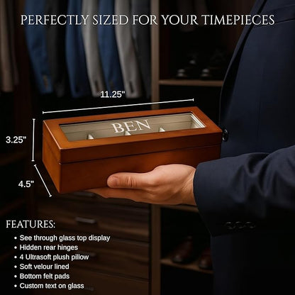 Bey-Berk Personalized Theo Cherry Wood 4-Slot Watch Box, Custom Glass-Top Solid Wood Watch Display Case with Velour-Lined Cushions, 11.25" x 4.5" x 3.25"
