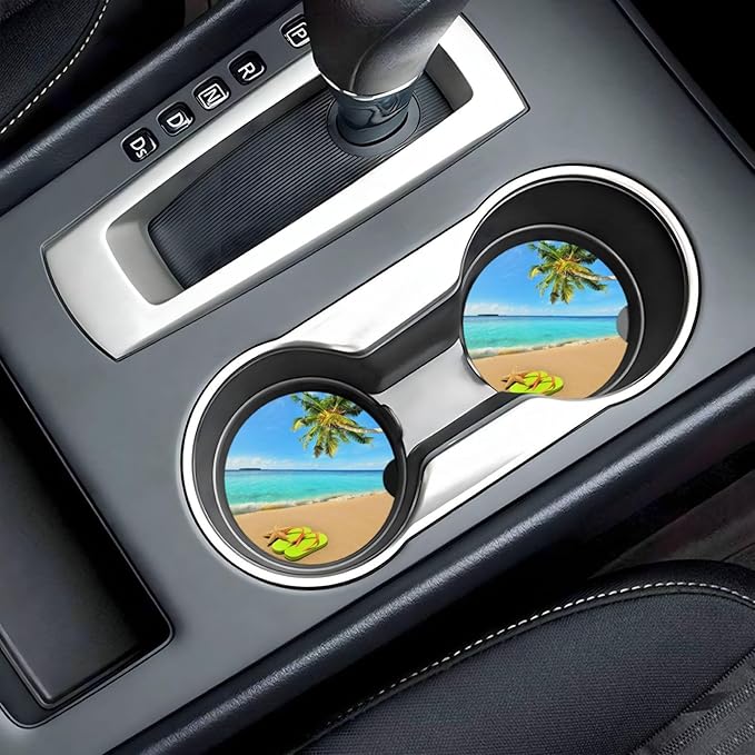 Beach Ocean Palm Tree Starfish Flip Flops Car Cup Holder Coaster 2 Pack Absorbent Ceramic Car Coasters for Cup Holders Car Accessories Interior Anti Slip Cork Base Cup Coasters with Finger Notch