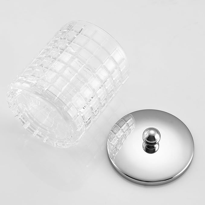 Indecor Home Glass Cotton Jar Holder Silver Lid, Elegant Bathroom Storage Canister for Qtips, Cotton Balls, Floss, Makeup Organizer, Vanity Bathroom Organization