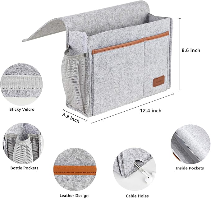 WantuSee Bedside Caddy, Felt Bed Storage Organizer Hanging Bag Holder with 5 Pockets, Magazine Book Phone Tablet iPad Cables Remote and Water Bottle Holder for Home Dorm Bed Sofa, Light Gray