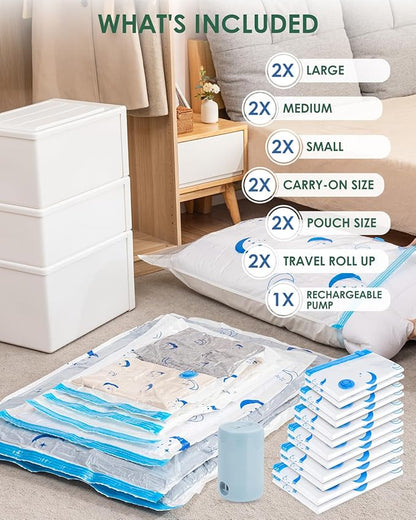 Vacuum Storage Bags with Electric Pump, 12 Pack Vacuum Sealed Bag with 1500mAh Rechargeable Battery for Clothes, Blanket, Duvets, Pillows, Comforters, Travel