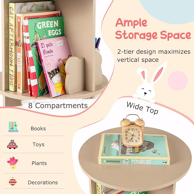 HONEY JOY Kids Rotating Bookshelf, Wooden Spinning Small Corner Organizer w/Baffles, 360°Display Standing Toddler Bookshelf, Narrow Storage Rack, Montessori Book Shelf for Nursery, Playroom (Coffee)