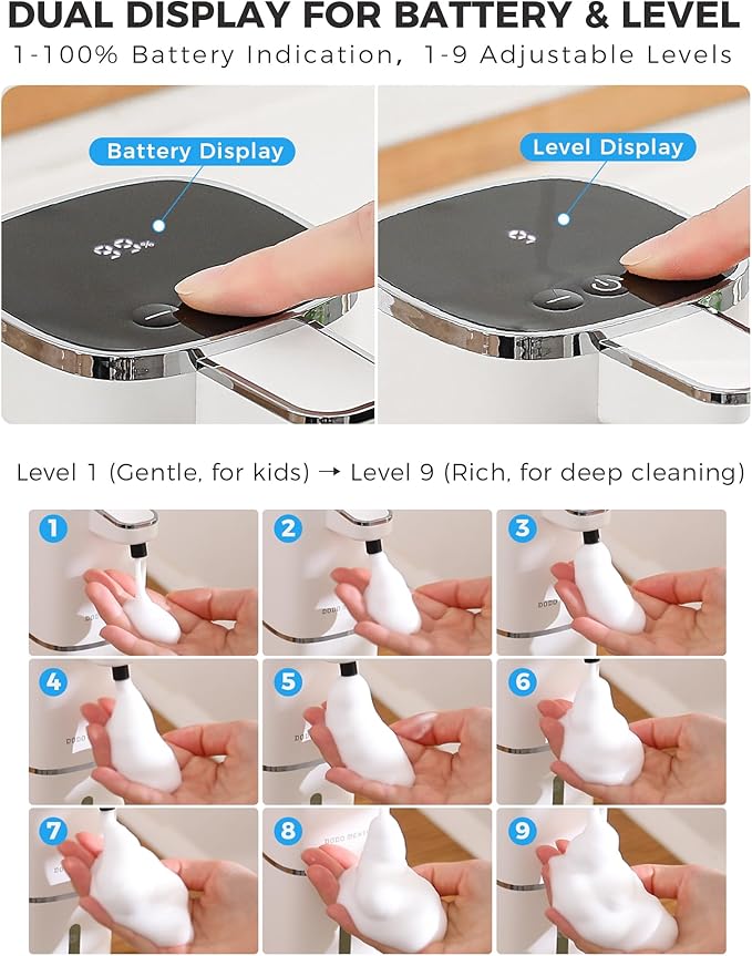 DODO MEKIA Automatic Foaming Soap Dispenser, 13.5oz/400mL, USB Rechargeable, 9-Adjustable Foam Levels, IPX5 Waterproof, Touchless & Wall/Tabletop Use for Kitchen Bathroom, White