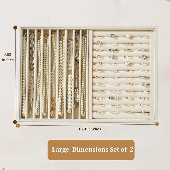 KATISYIO Large Velvet Jewelry Tray 2 Pack Stackable Jewelry Display Drawer Inserts Trays Organizer for Earring Bracelet Necklace Ring (Beige, Ring and 9 Grids)