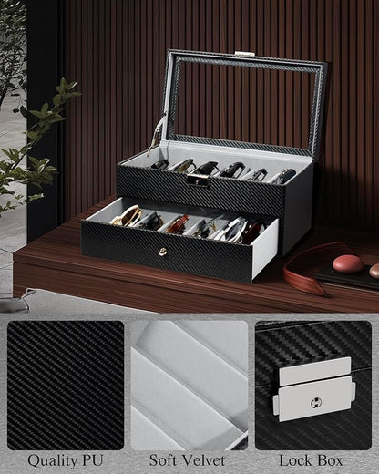 GUKA 2-layer Sunglasses Storage Organizer, 12 Slots Leather Sunglass Box Multiple Pairs Eyeglass Display Case for Women Men, Gift Idea (Black+Grey)