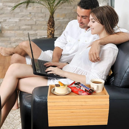 GEHE Bamboo Sofa Arm Tray, Foldable Couch Arm Tray Side Table, Anti-Falling Armrest Tables Cup Holder for Snacks, Drinks, Beers, Phone, Control, Flexible and Portable, Anti-Slip