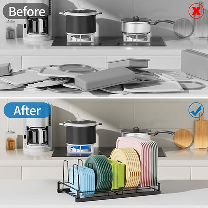 GAGUIUP Premium Adjustable Kitchen Bakeware and Pan Organizer - Food Container Lid Organizer Ideal for Cabinet, Drawers, Cupboard, Pantry Storage, Matte Black