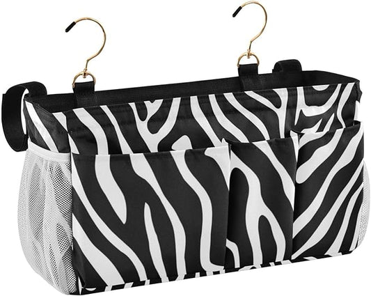 CuwrYet Bedside Caddy Hanging Bunk Bed Caddy Bed Organizer Hanging Pocket with 2 Hooks Bedside Storage Organizer Pocket Bag Holder White Black Zebra Print