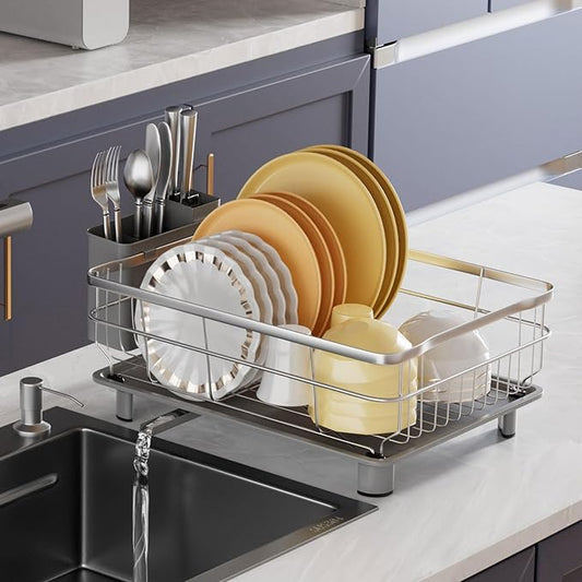 AIDERLY Stainless Steel Dish Drying Rack with Drainboard Dish Drainers for Kitchen Counter Extendable Spout Strainers with Utensil Holder and Knife Slots, Grey