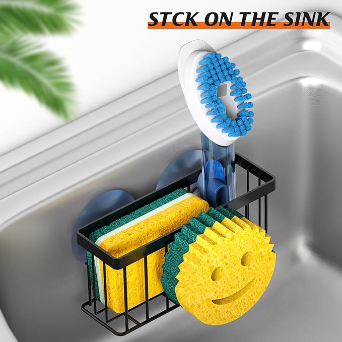 MURLONG Sponge Holder Smiley Face, Sink Caddy for kitchen Sink, Kitchen Organizer Sponge Holder with 2 PCS Suction Cups/1 PCS Adhesive Strips, Designed for Sponge, Soap, Dish brush, Scrubber-Black