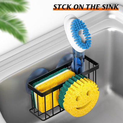 MURLONG Sponge Holder Smiley Face, Sink Caddy for kitchen Sink, Kitchen Organizer Sponge Holder with 2 PCS Suction Cups/1 PCS Adhesive Strips, Designed for Sponge, Soap, Dish brush, Scrubber-Black
