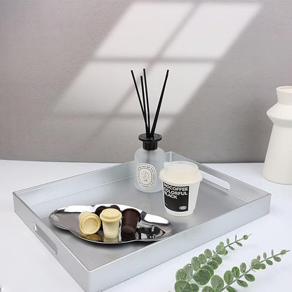 Spsyrine Silver Plastic Serving Tray for Ottoman, Coffee Table, Rectangle Decorative Tray for Entertaining, Outdoor, Living Room, Home Decor