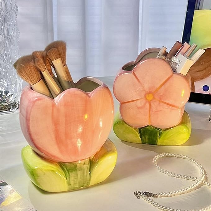 Pen Holder for Desk Tulips Vase Decor Aesthetic Cute Toothbrush Holder Pencil Holder for Office Makeup Brush Holder Yellow Kawaii Desk Accessories Home Decor Birthday Gifts for Women