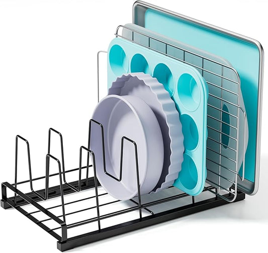 GAGUIUP Premium Adjustable Kitchen Bakeware and Pan Organizer - Food Container Lid Organizer Ideal for Cabinet, Drawers, Cupboard, Pantry Storage, Matte Black
