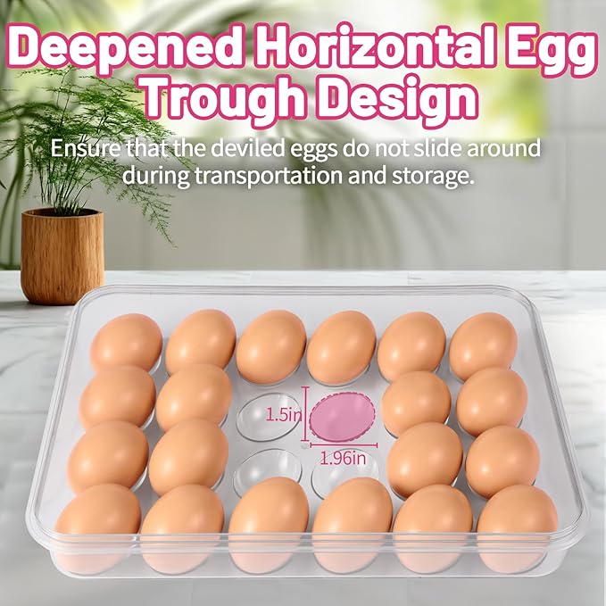 Deviled Egg Containers with Lid, 2 Pack Thick Clear Plastic Deviled Carrier with Handle Storage 48 Eggs, Stackable Egg Holder Portable Tray Platter for Fridge, Travel, Party-Pink
