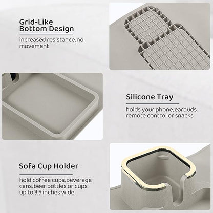 HMASYO Couch Cup Holder Tray - Silicone Sofa Armrest Table Couch Drink Holder and Tray Organizer for Remote Snacks Cellphone, Anti-Spill Anti-Slip Design, Mother`s Day Gifts for Mom Grandma