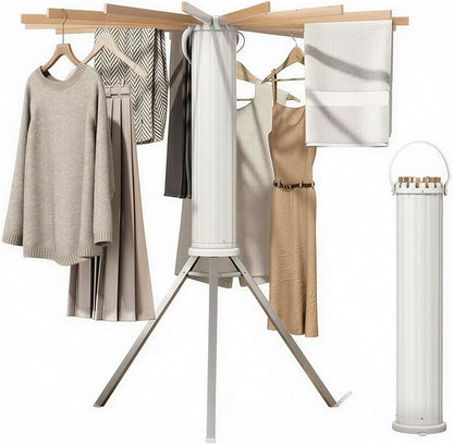 Laundry Drying Rack Collapsible, Tripod Clothes Drying Rack Foldable with 16 Wooden Rods Ideal for Versatile Indoor and Outdoor Use in Apartment, RV, Balcony and Bedroom.