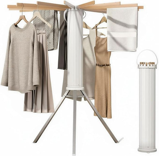 Laundry Drying Rack Collapsible, Tripod Clothes Drying Rack Foldable with 16 Wooden Rods Ideal for Versatile Indoor and Outdoor Use in Apartment, RV, Balcony and Bedroom.