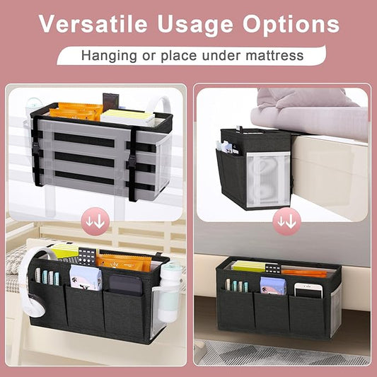 Edudif Dual-purpose Bedside Caddy Bedside Organizer, Bed Caddy with 6 Pockets, Versatile Bedside Storage Solution Magazine Remotes holder, ideal for Home, Dorm, Hospital, Crib Bed (Black 2 pcs)