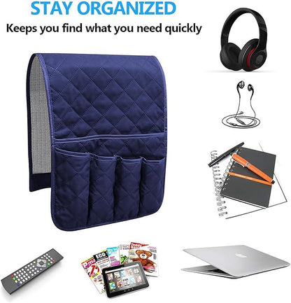 AUVCAS Sofa Armrest Organizer Non-Slip Arm Chair Bedside Caddy Storage Organizer for Recliner Couch with 5 Pockets for Cell Phone TV Remote Control Magazines (BLUE)