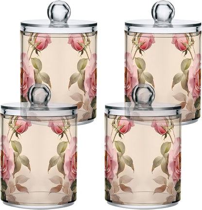 MNSRUU 2 Pack Qtip Holder Organizer Dispenser Floral Rose Pink Bathroom Storage Canister Cotton Ball Holder Bathroom Containers for Cotton Swabs/Pads/Floss