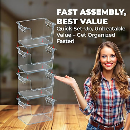 TidyFriend Stackable Storage Bins for Pantry - 4 Pack Stackable Bins for Organizing Food, Kitchen, and Bathroom Essentials (Clear)