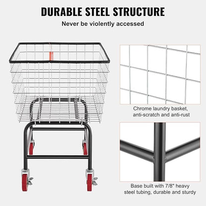 VEVOR Wire Laundry Cart, 3.8Bushel Wire Laundry Basket with Wheels, 32.5''x21.3''x29.9'', Commercial Laundry Basket, Steel Frame with Chrome Finish, 4'' Casters, Wire Cart for Laundry