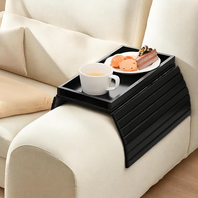 Couch Armrest Table, Bamboo Couch Cup Holder, Couch Cup Holder Tray, Sofa Arm Tray, Armchair Caddy 12.4" x 5.5" with Nonslip Felt Bottom, Sturdy Bamboo Slats for Armrests 6" and Wider (Black)