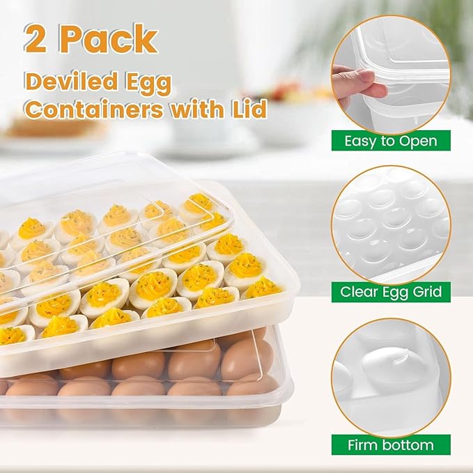 HANSGO Deviled Egg Containers with Lid, Set of 2, Plastic Clear Deviled Egg Tray Holder Carrier for 60 Eggs, Suitable for Refrigerator, Home, Party, Kitchen Supplies, Stackable & Portable