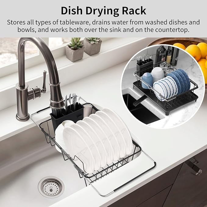 Expandable Dish Drying Rack, Carbon Steel Dish Rack with Drain Board and Utensil Holder, Extendable 14.2-20.7 in Drainer with Swivel Spout for Kitchen Counter