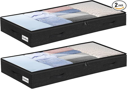 4 Inch Low Profile Under Bed Storage Drawer 2 Pack, Lightweight Underbed Clothes Storage Container Bins with NO STURCTURE, Shallow Storage Bag for Dorm & Home, With Clear Lids & Water-Resistant Fabric